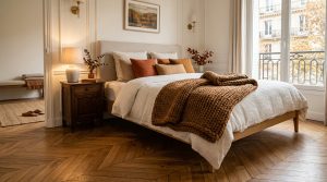 Cozy master bedroom featuring warm neutral decor, herringbone wood flooring, and a chunky knit rust blanket.