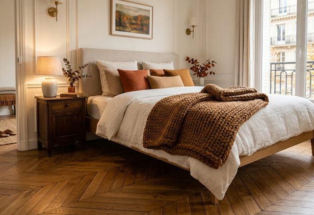 Cozy master bedroom featuring warm neutral decor, herringbone wood flooring, and a chunky knit rust blanket.