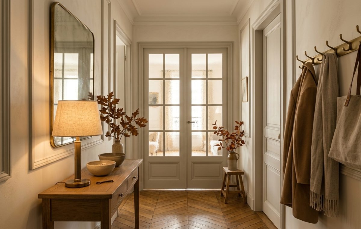 A warmly lit hallway featuring neutral walls, wood console table, brass coat hooks, and glass double doors.