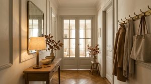 A warmly lit hallway featuring neutral walls, wood console table, brass coat hooks, and glass double doors.