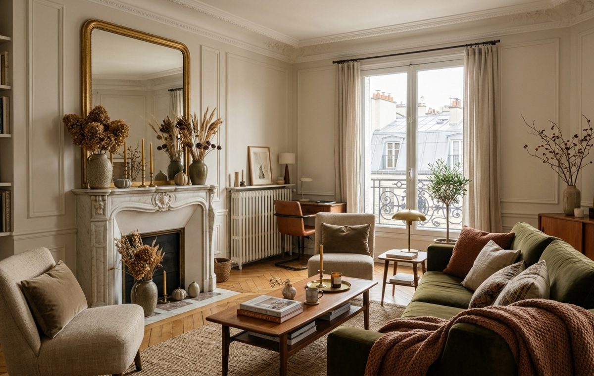 Warm neutral living room featuring an olive green sofa, rustic wooden coffee table, and antique fireplace mantel.