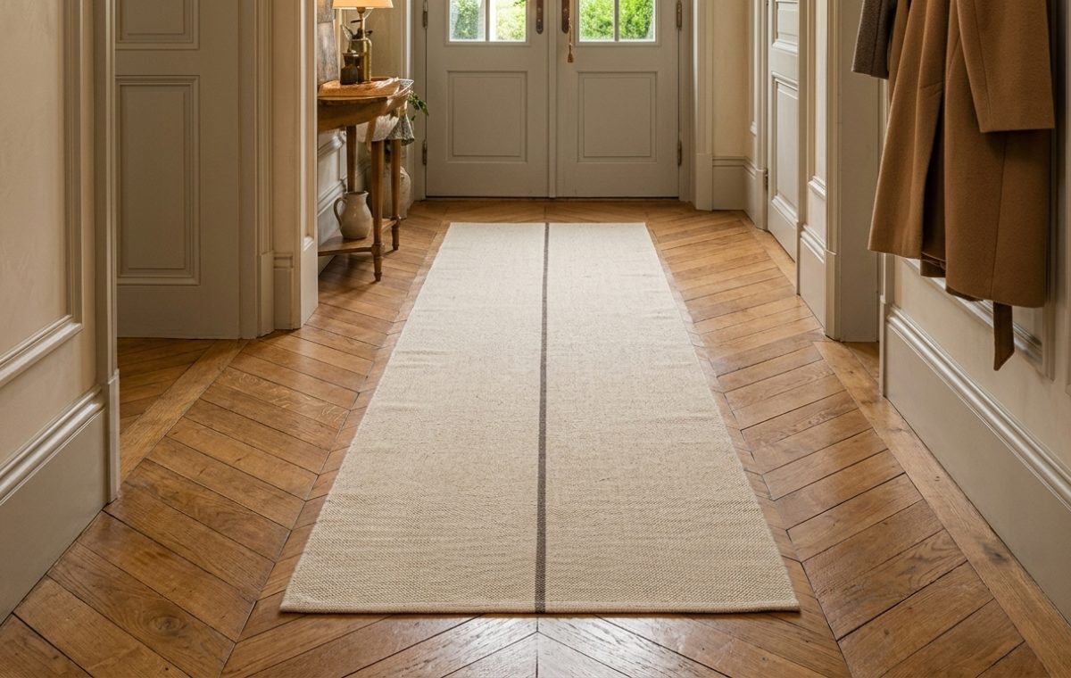 A cream hallway runner rug with a dark stripe on chevron wood flooring in a traditional home.