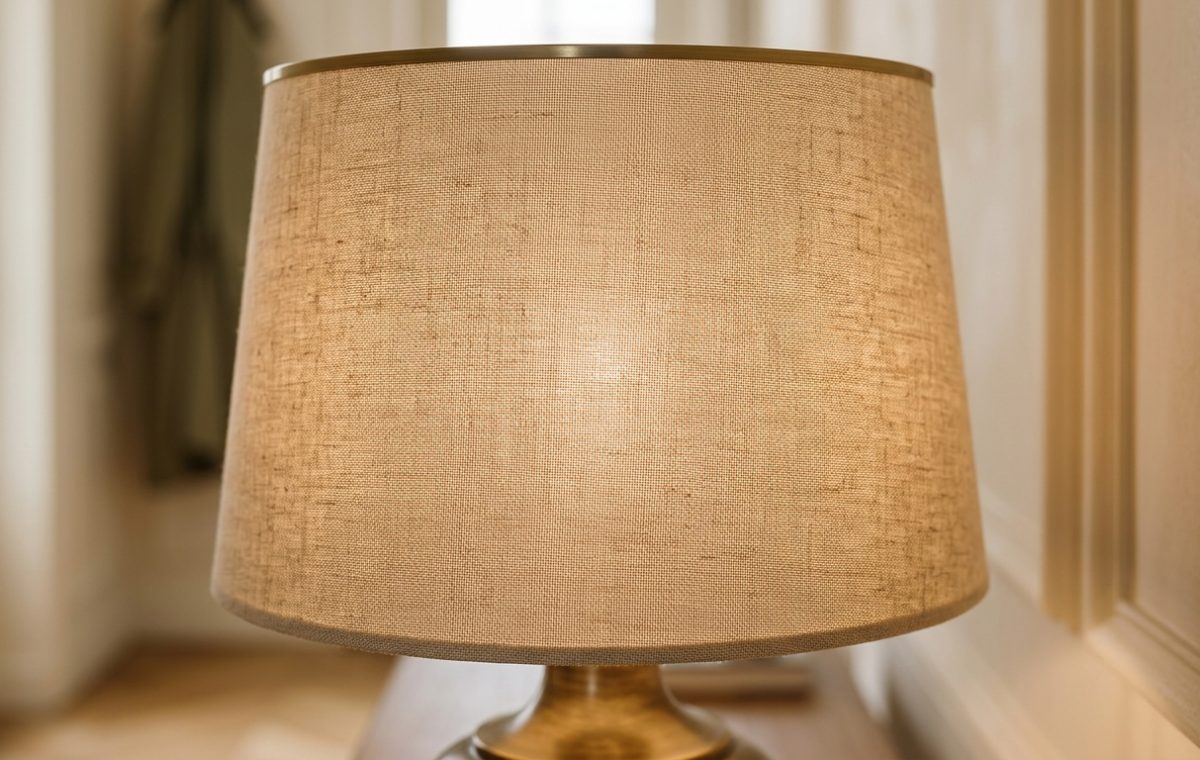 A close-up of a textured linen lampshade with a warm internal glow on a brass base.