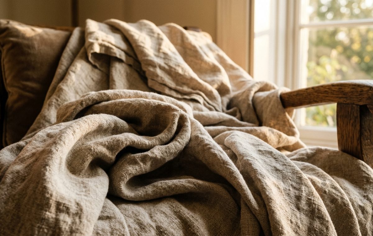 A natural linen throw blanket tossed casually over a rustic wooden armchair in a sunlit room.