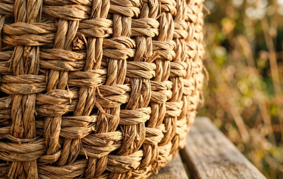 Close up of a natural fiber storage basket resting on a weathered wooden table in warm light