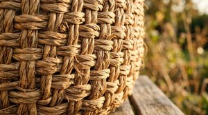 Close up of a natural fiber storage basket resting on a weathered wooden table in warm light