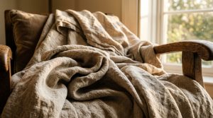 A rustic wooden armchair draped with a crumpled linen throw blanket near a sunny window.