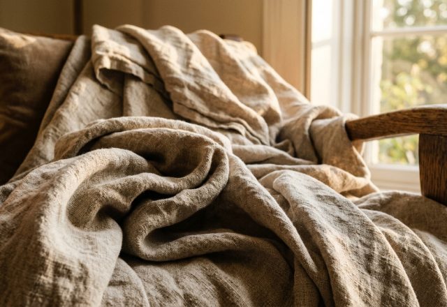 A rustic wooden armchair draped with a crumpled linen throw blanket near a sunny window.