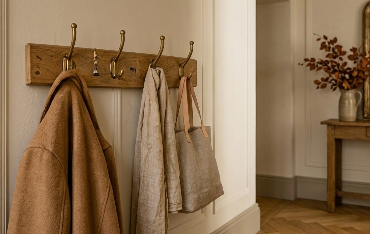 Rustic wall mounted coat rack with brass hooks holding a wool coat and tote bag on paneled hallway walls