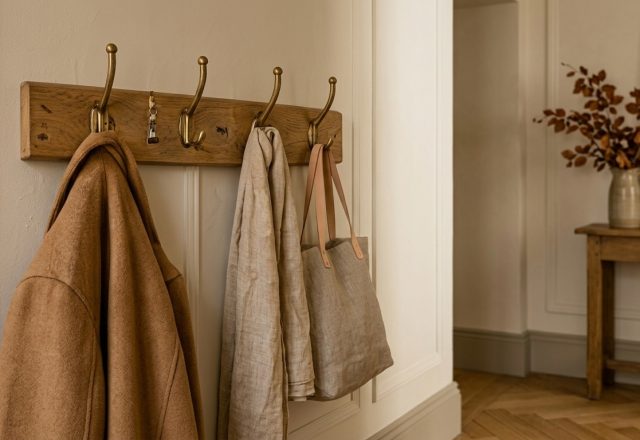Rustic wall mounted coat rack with brass hooks holding a wool coat and tote bag on paneled hallway walls