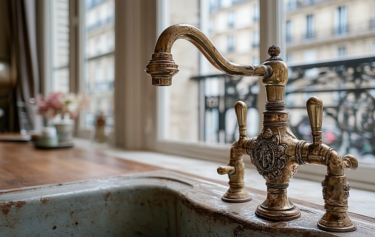 Close up of an ornate antique brass kitchen faucet mounted next to a window.
