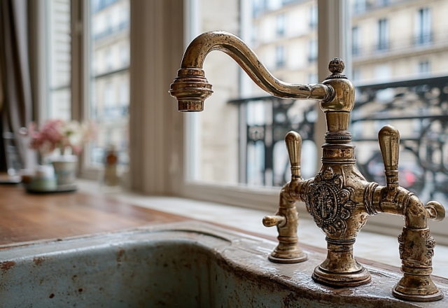 Close up of an ornate antique brass kitchen faucet mounted next to a window.