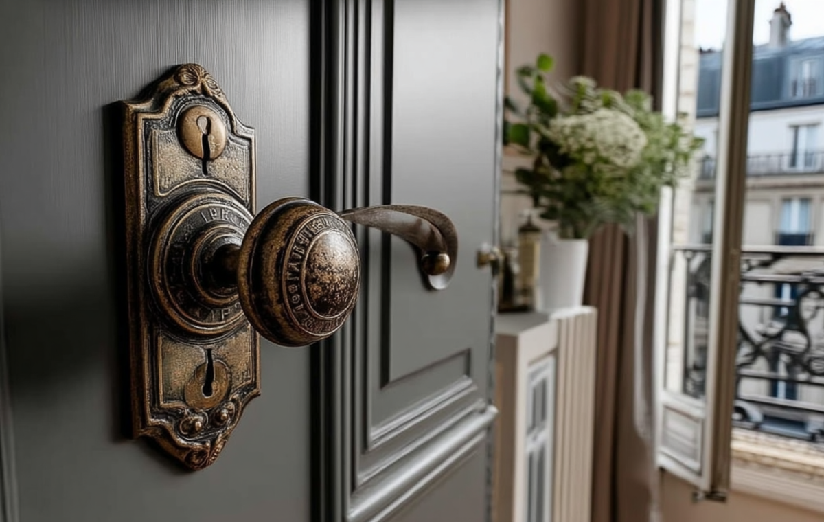 Close-up of ornate antique brass door hardware mounted on a dark grey paneled interior door.