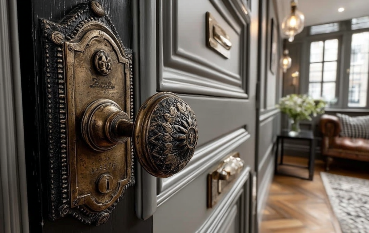 Close up of antique brass door hardware and ornate backplate on a dark grey paneled entry door.