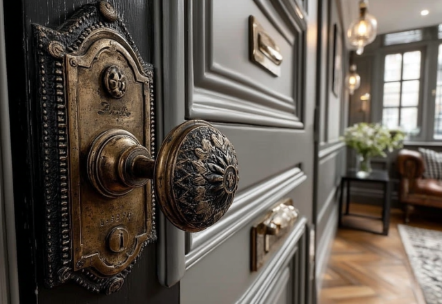 Close up of antique brass door hardware and ornate backplate on a dark grey paneled entry door.