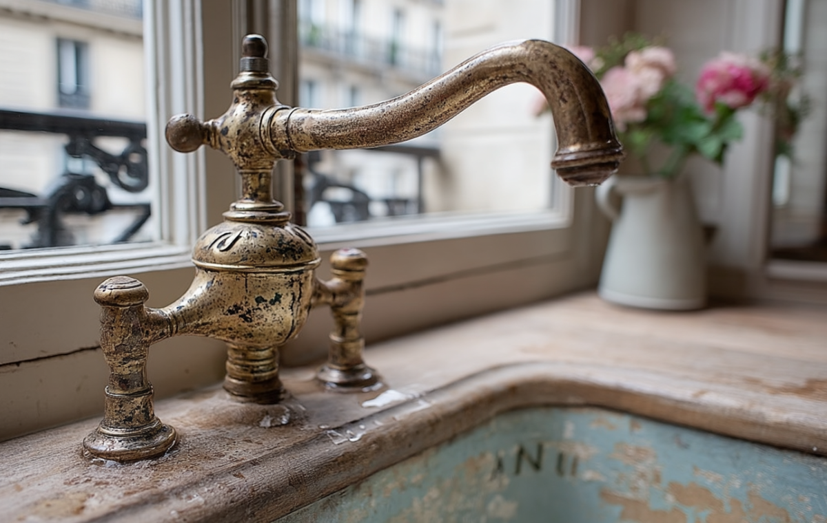Close up of an antique brass kitchen faucet with heavy patina mounted on a rustic wooden sill.
