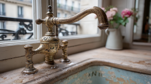 Close up of an antique brass kitchen faucet with heavy patina mounted on a rustic wooden sill.