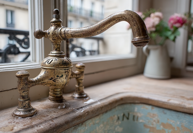 Close up of an antique brass kitchen faucet with heavy patina mounted on a rustic wooden sill.