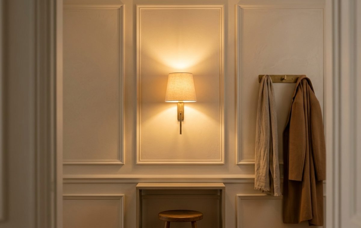 A warm entryway featuring classic wall sconce lighting, wall molding, and a brass coat hook.