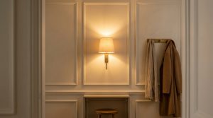 A warm entryway featuring classic wall sconce lighting, wall molding, and a brass coat hook.