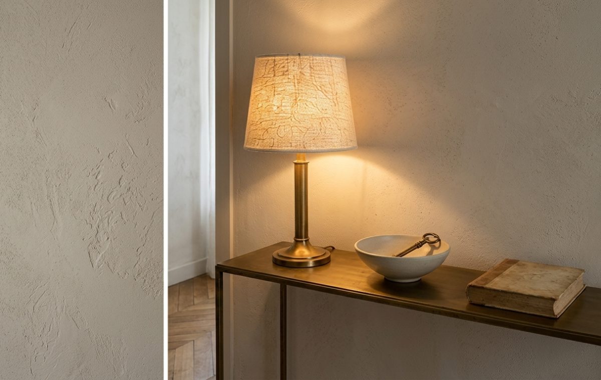 A warm brass lamp illuminates a textured limewash wall finish on a minimalist console table.