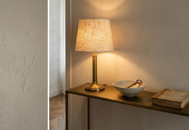 A warm brass lamp illuminates a textured limewash wall finish on a minimalist console table.