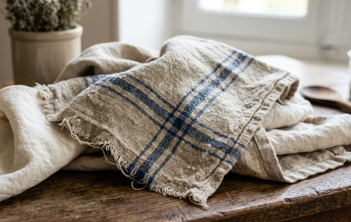 Vintage blue striped linen kitchen towels resting on a rustic wooden countertop next to a ceramic herb jar.