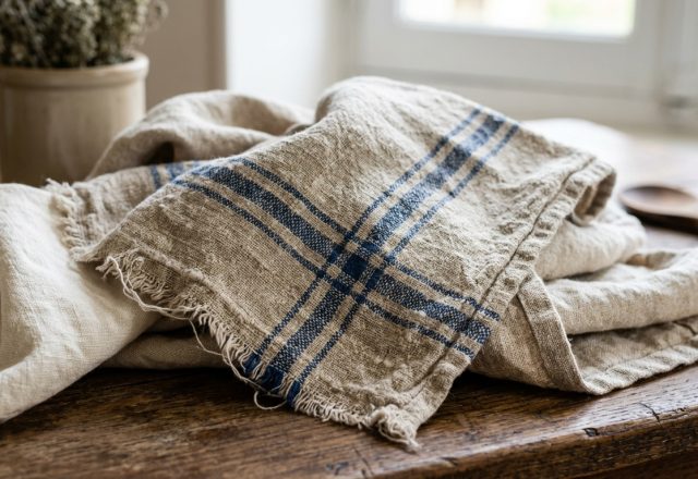 Vintage blue striped linen kitchen towels resting on a rustic wooden countertop next to a ceramic herb jar.