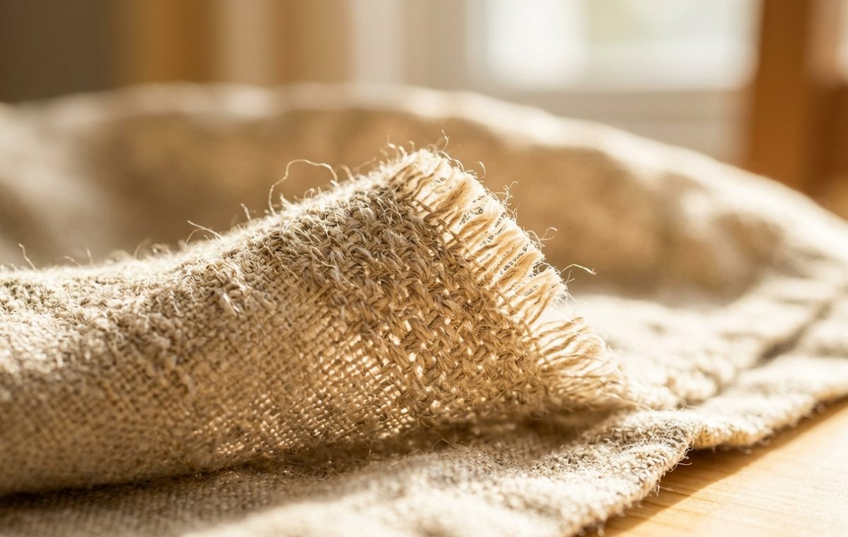 Close-up view of textured burlap fabric showing frayed woven jute fibers in natural light.