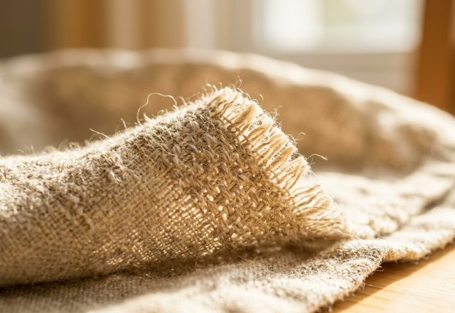 Close-up view of textured burlap fabric showing frayed woven jute fibers in natural light.