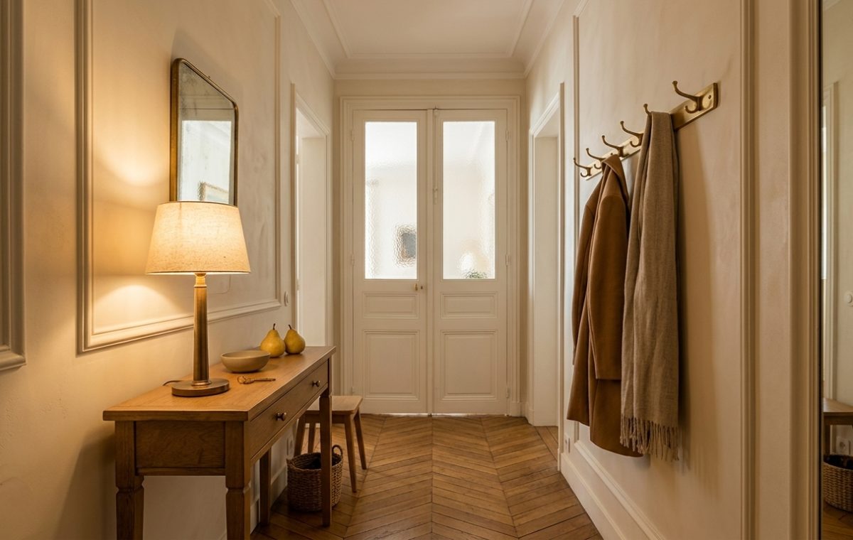 A warm hallway featuring timeless entryway design with chevron wood floors and brass hardware.