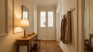 A warm hallway featuring timeless entryway design with chevron wood floors and brass hardware.