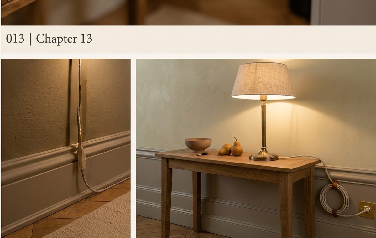 Elegant wooden console table with a lamp showing creative cord management ideas using leather clips.