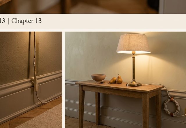 Elegant wooden console table with a lamp showing creative cord management ideas using leather clips.
