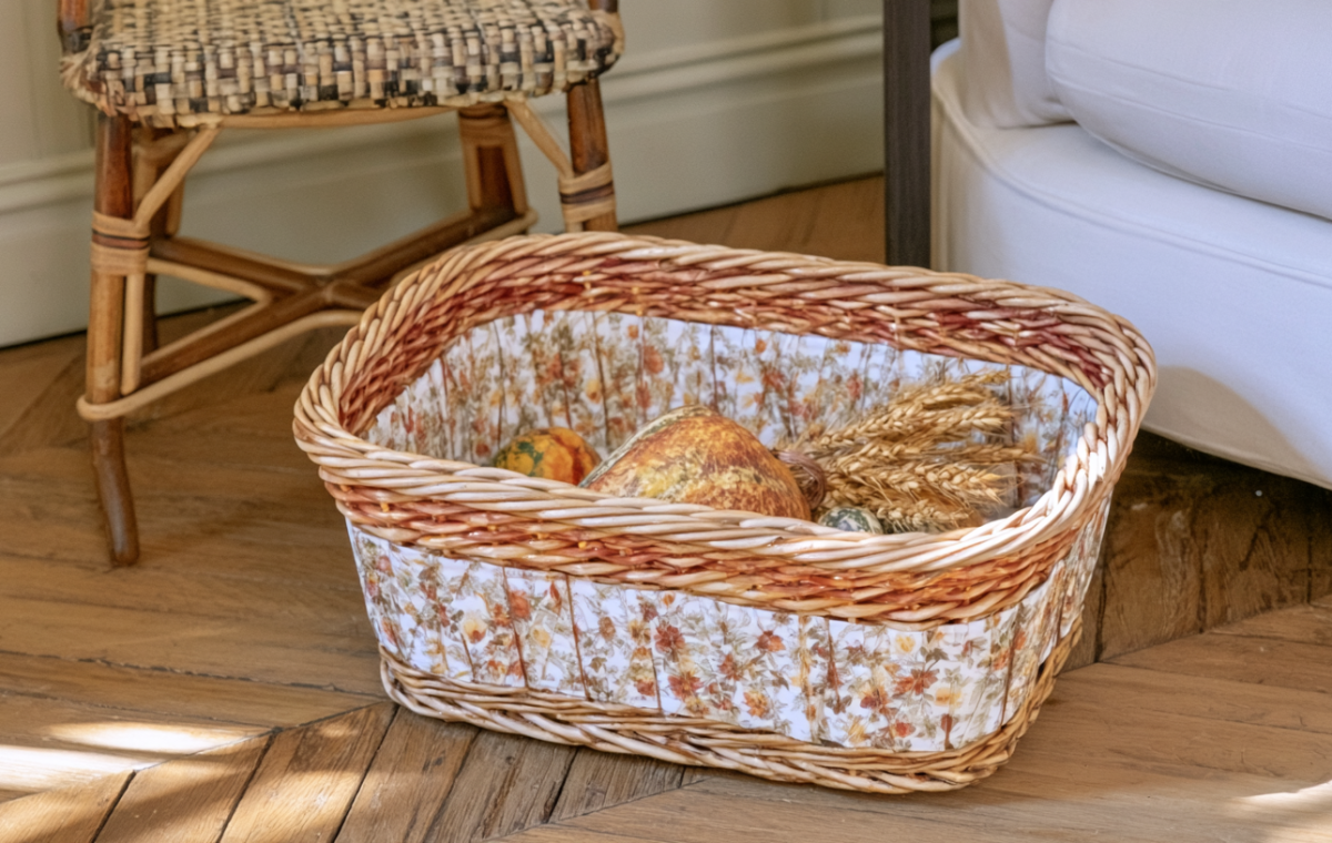 A fabric-lined wicker storage basket filled with harvest accents sitting on a wood floor.