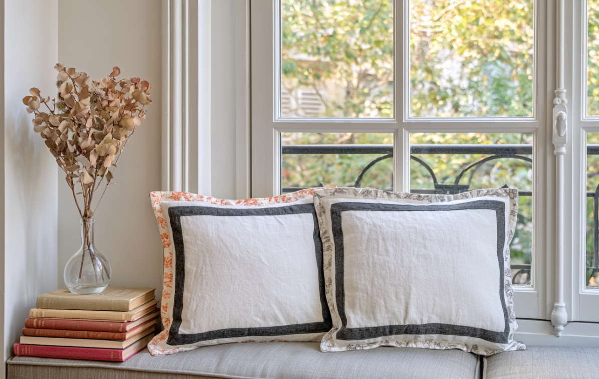 Cozy window seat decor featuring stacked books, dried botanicals in a glass vase, and tailored white pillows.