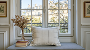 Cozy window seat decor featuring a neutral grid pillow, dried botanicals in a glass vase, and vintage books.