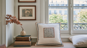 Cozy window seat decor featuring a patterned accent pillow, stacked vintage books, and framed art.