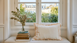 Cozy window seat decor featuring a linen accent pillow, stack of vintage books, and dried eucalyptus in a glass vase.