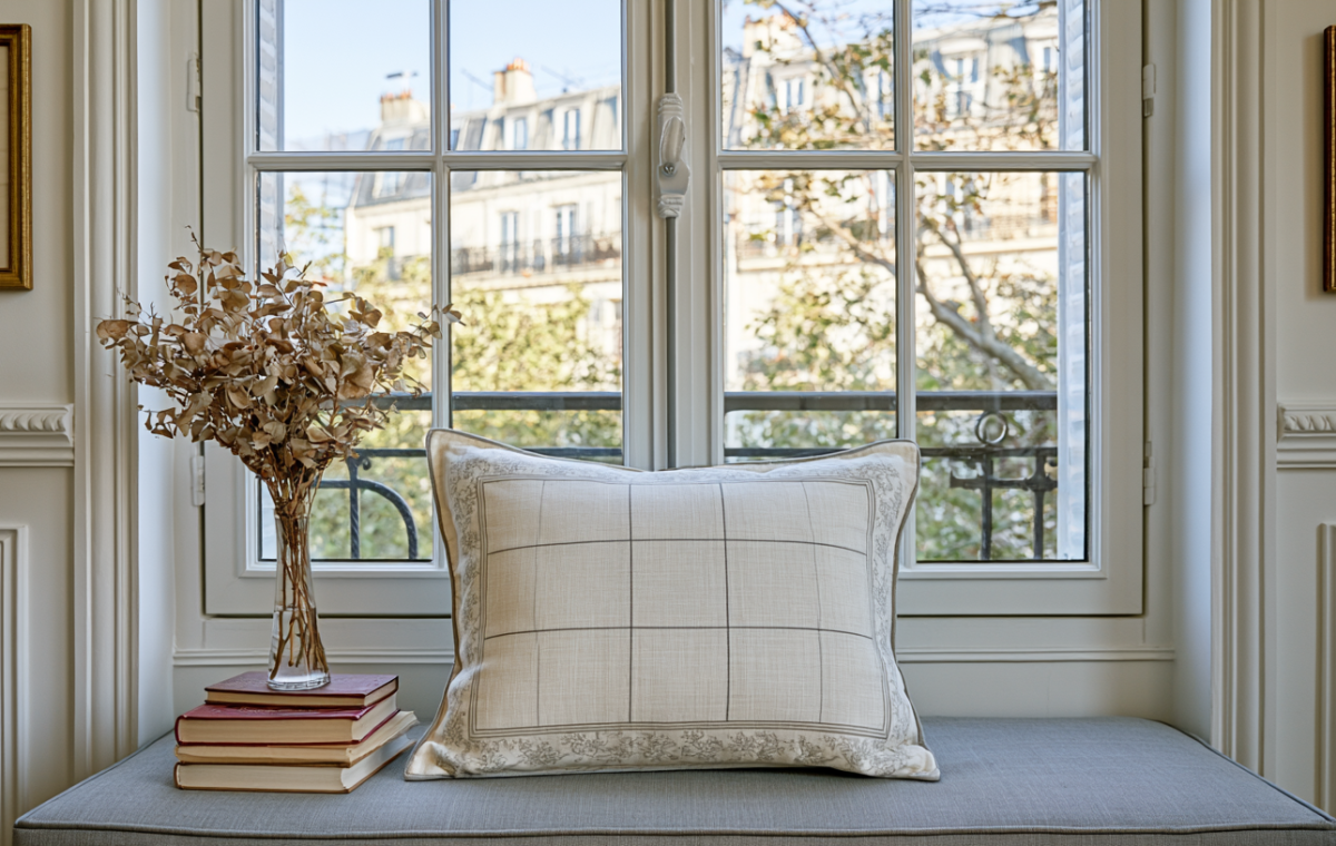 Cozy window seat decor featuring a grid-patterned pillow, stacked books, and dried botanicals against a bright city view.