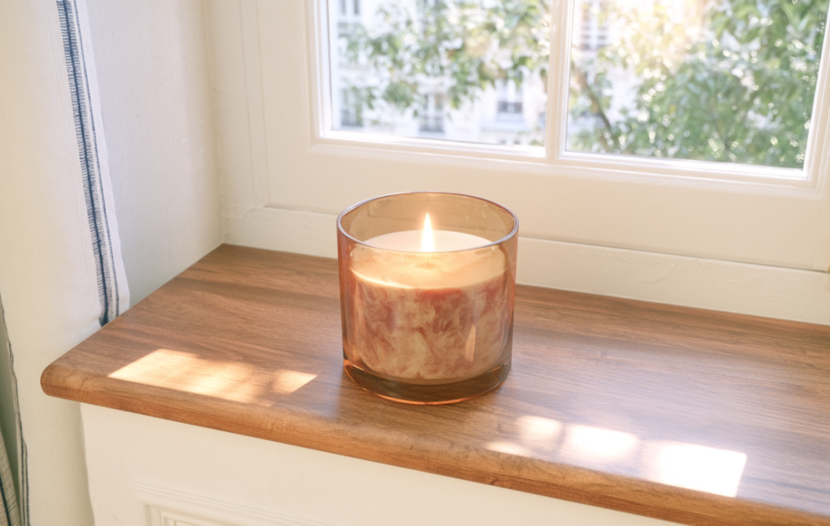An amber glass candle burning on a wooden window sill with daylight streaming through the panes.