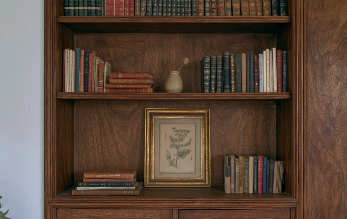 Rich wooden built in bookshelves styled with vintage books, a framed botanical art print, and a ceramic vase.
