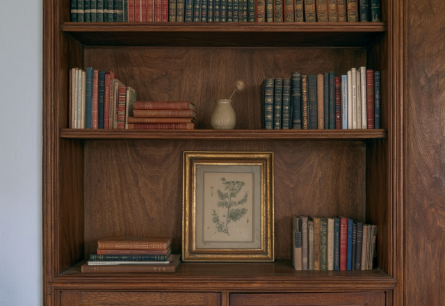 Rich wooden built in bookshelves styled with vintage books, a framed botanical art print, and a ceramic vase.
