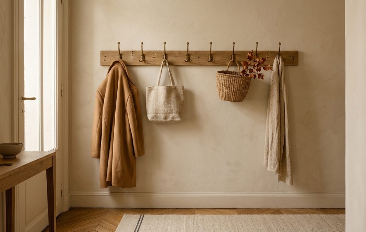 Wall mounted wooden coat rack entryway with aged brass hooks holding a wool coat, tote, and woven basket