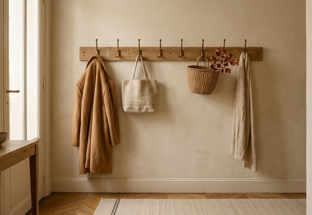 Wall mounted wooden coat rack entryway with aged brass hooks holding a wool coat, tote, and woven basket