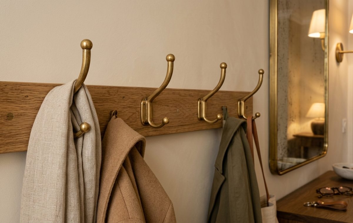 A minimalist wooden coat rack with brass hooks mounted on a beige wall holding winter coats and scarves.