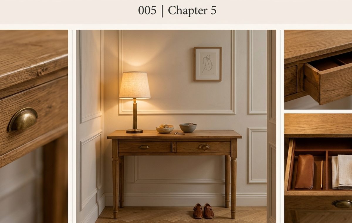 A stylish wooden console table with organized drawers and a warm lamp in a classic entryway.