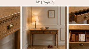 A stylish wooden console table with organized drawers and a warm lamp in a classic entryway.