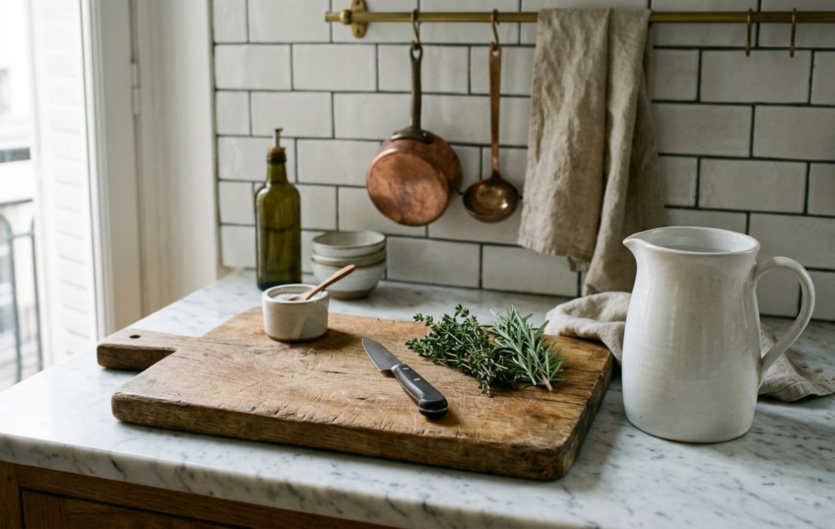 A rustic wooden cutting board styled with fresh herbs and a paring knife on a white marble kitchen countertop.