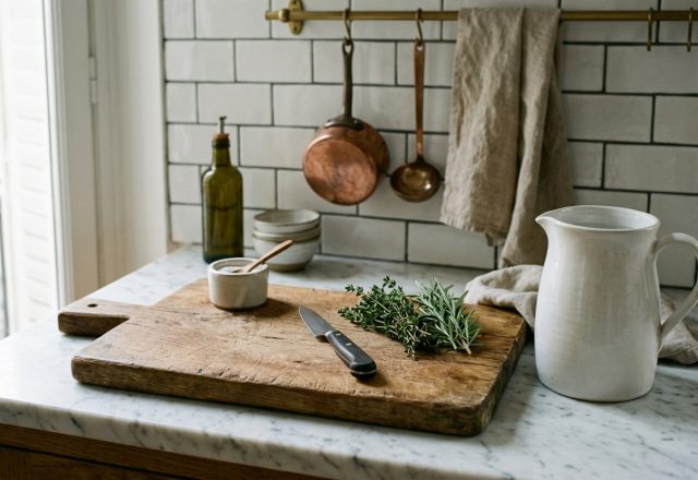A rustic wooden cutting board styled with fresh herbs and a paring knife on a white marble kitchen countertop.
